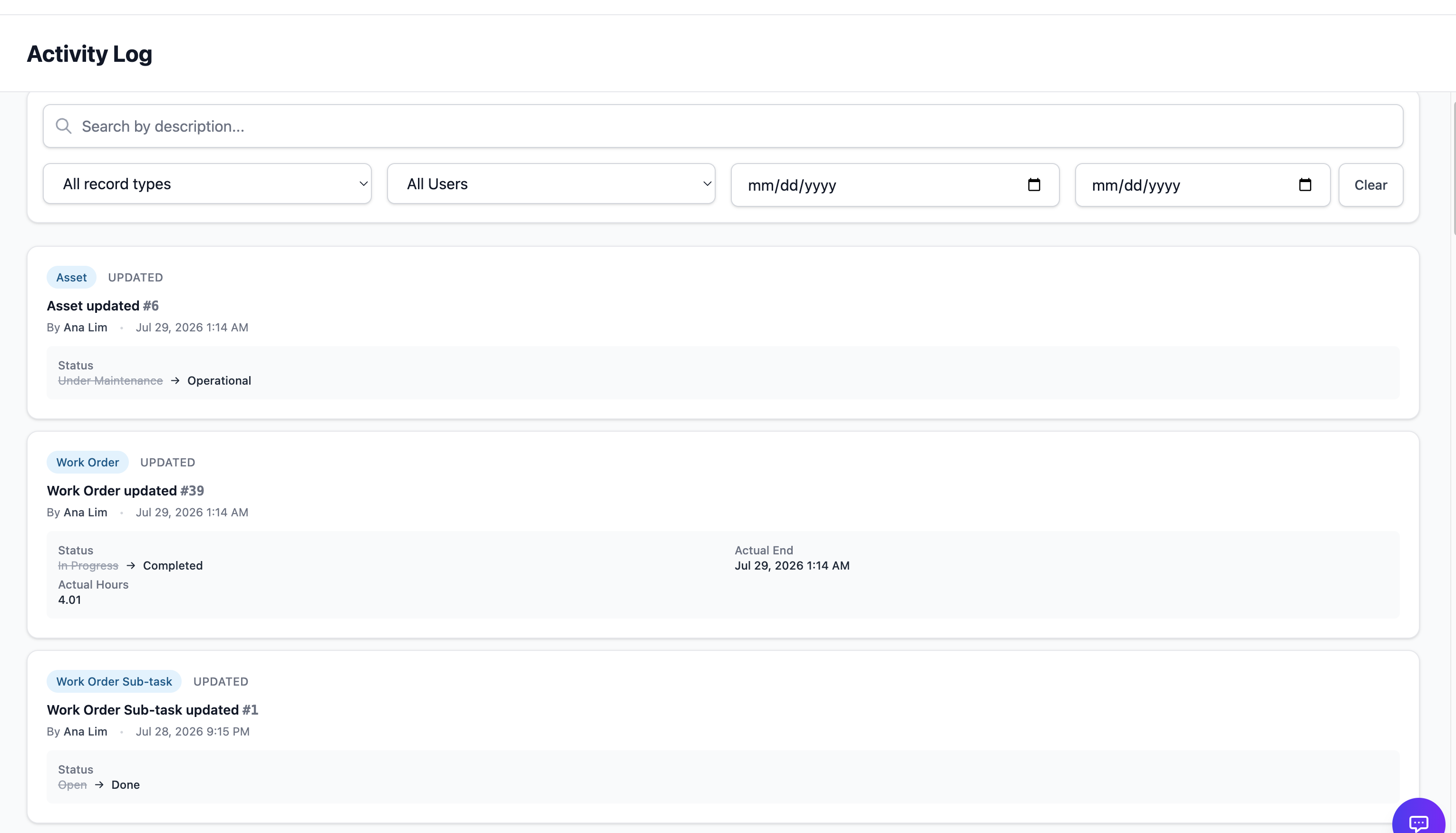 OWL audit activity log and change timeline