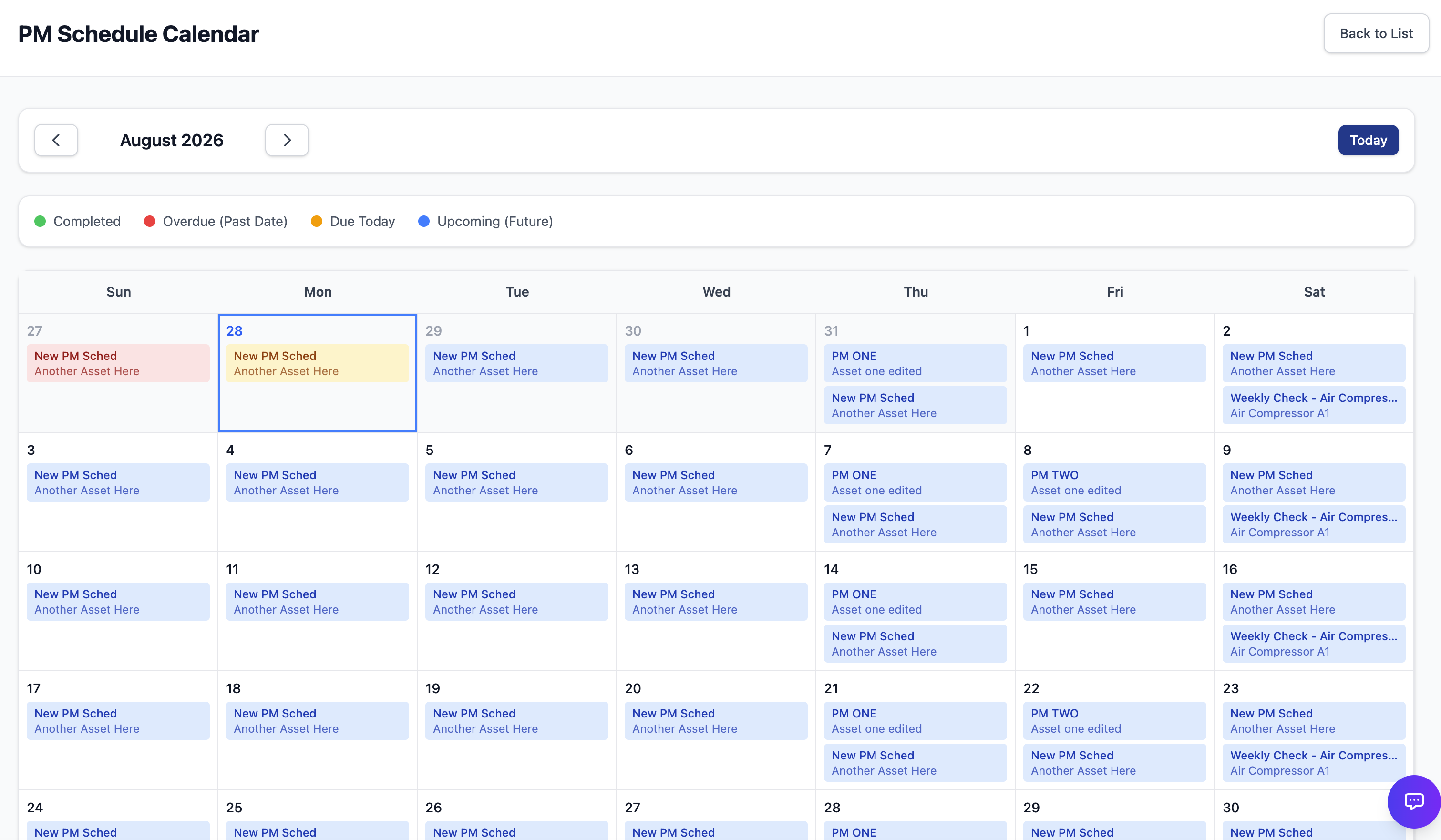 OWL preventive maintenance calendar