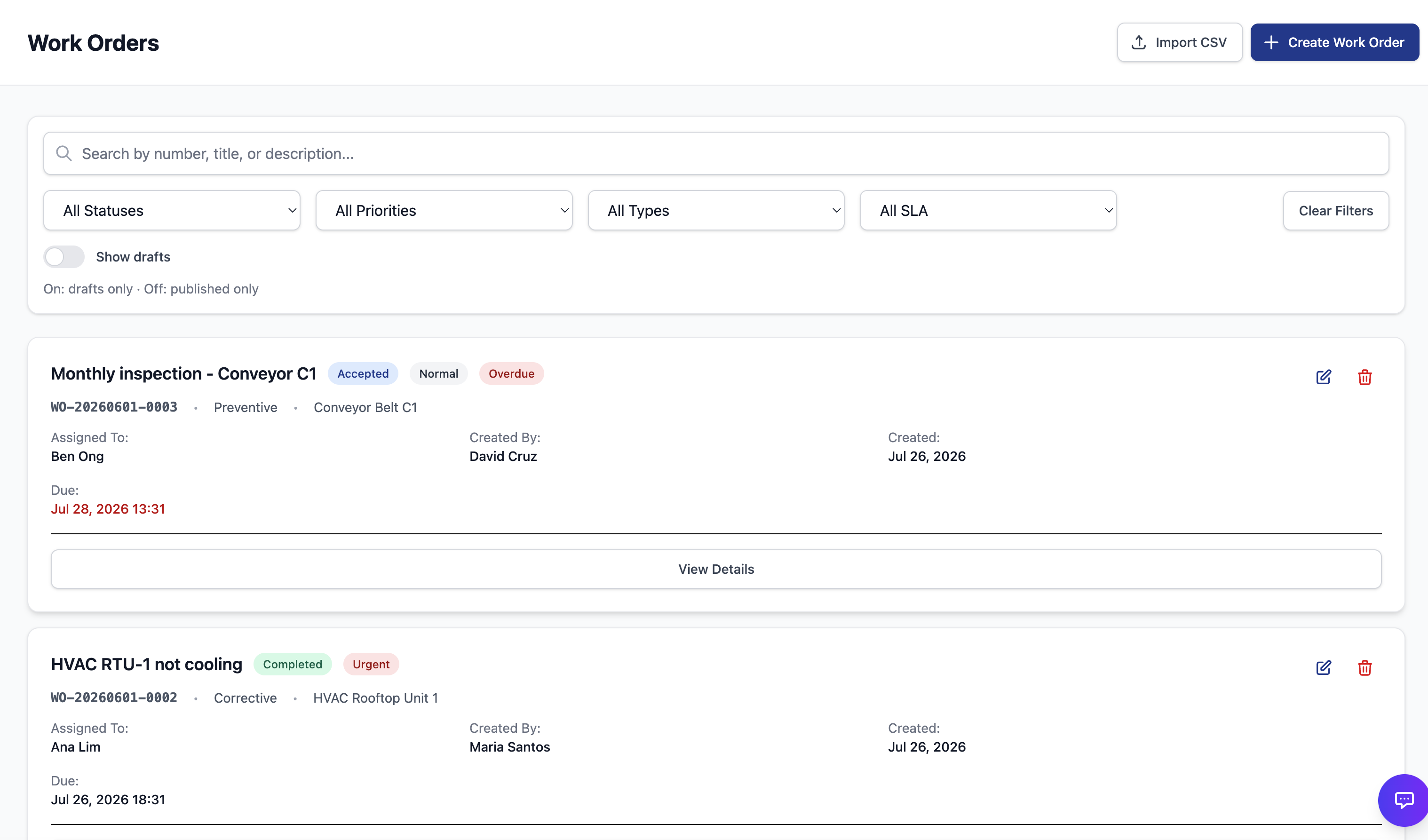 OWL work order list with filters and status